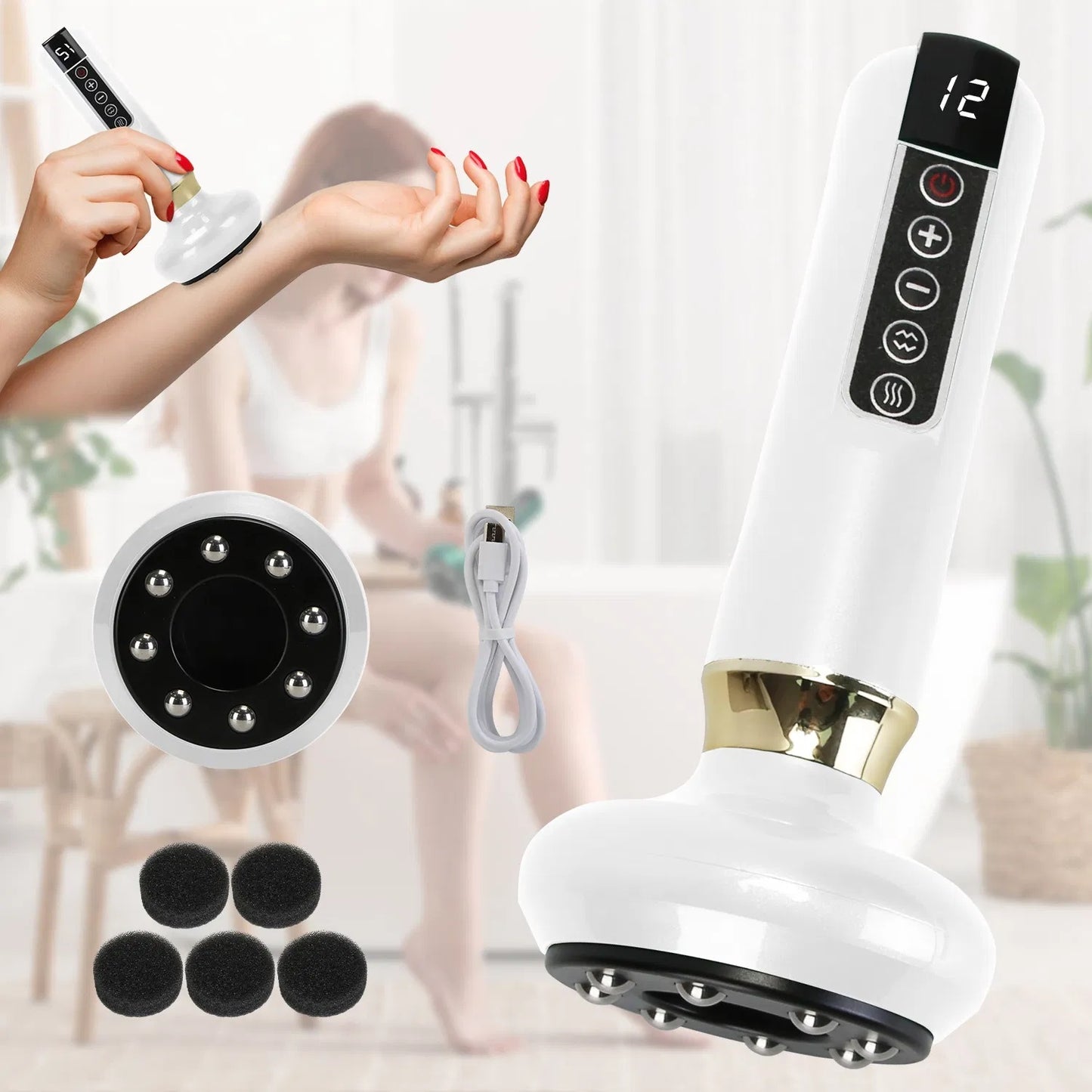 Anti Cellulite Massager Handheld Vacuum Suction Cupping Kit Beauty Tool With 12 Suction Mode 12 Heating 20Mins Auto-Off One-Key Pressure Release For Abdomen Thighs Buttocks Neck GPCT5424