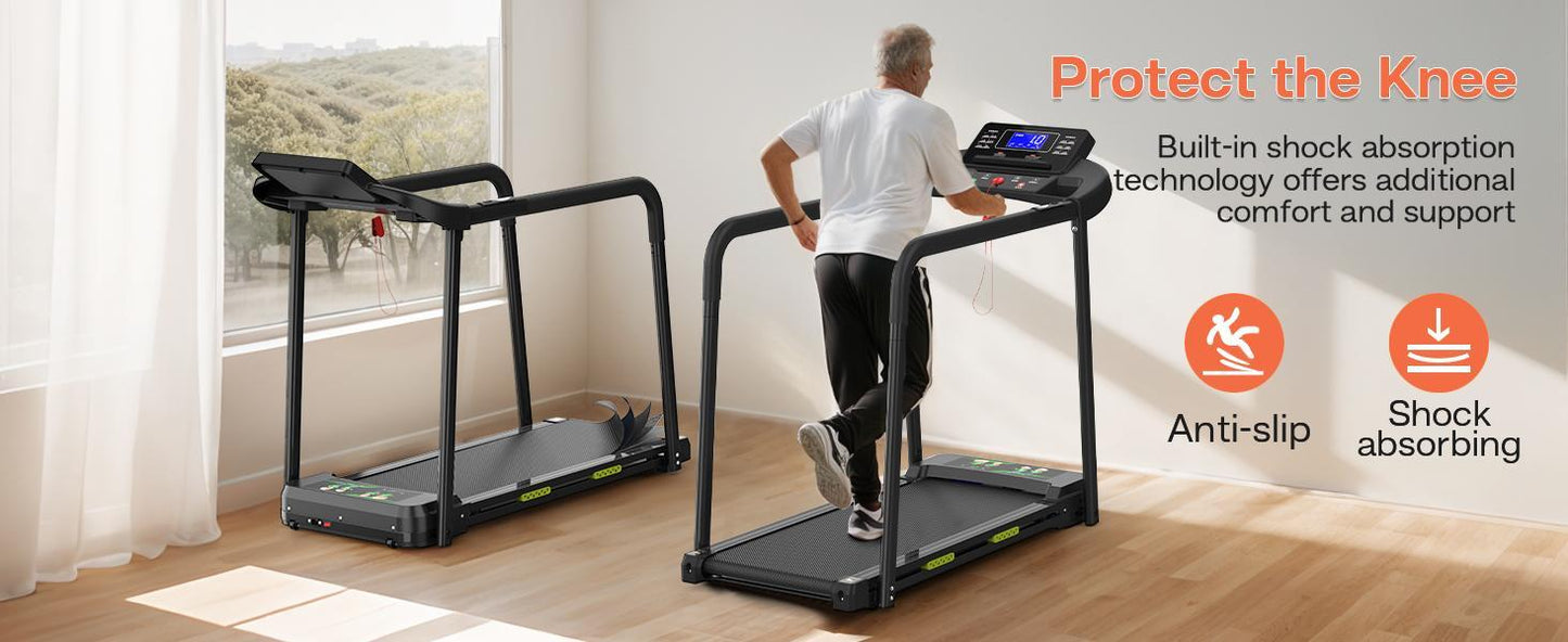 Elderly Rehabilitation Composite Shock-absorbing Treadmill With Extended Handrails And Enlarged Running Platform, Suitable For The Elderly, Load-bearing 300 Pounds, Safety Key, Easy-to-move Wheels