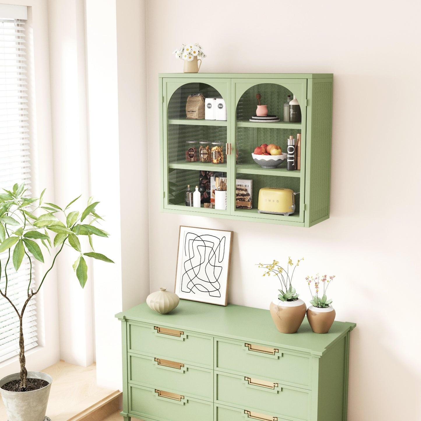 27.56 Glass Doors Wall Cabinet 3-Tier Storage For Entryway Living