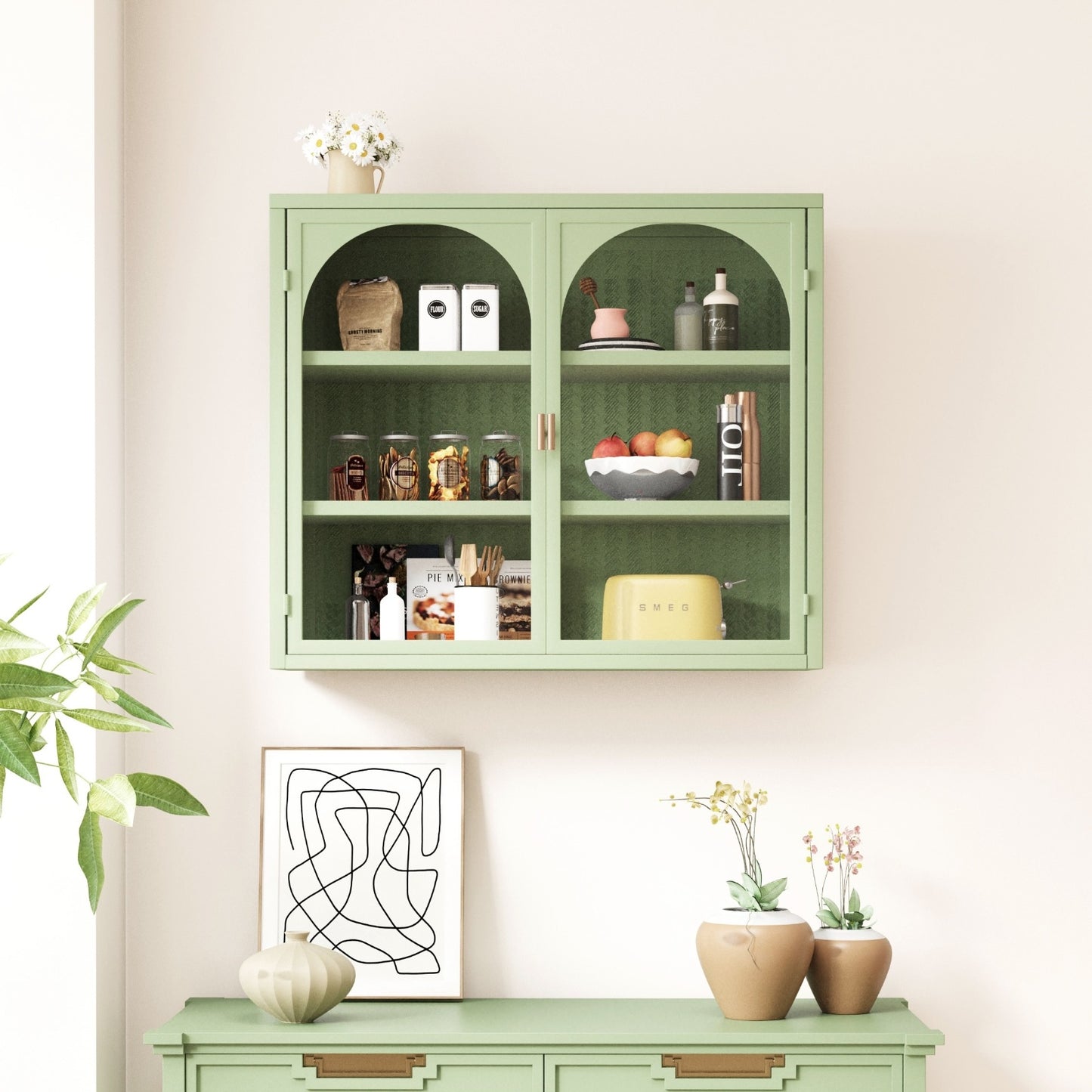 27.56 Glass Doors Wall Cabinet 3-Tier Storage For Entryway Living