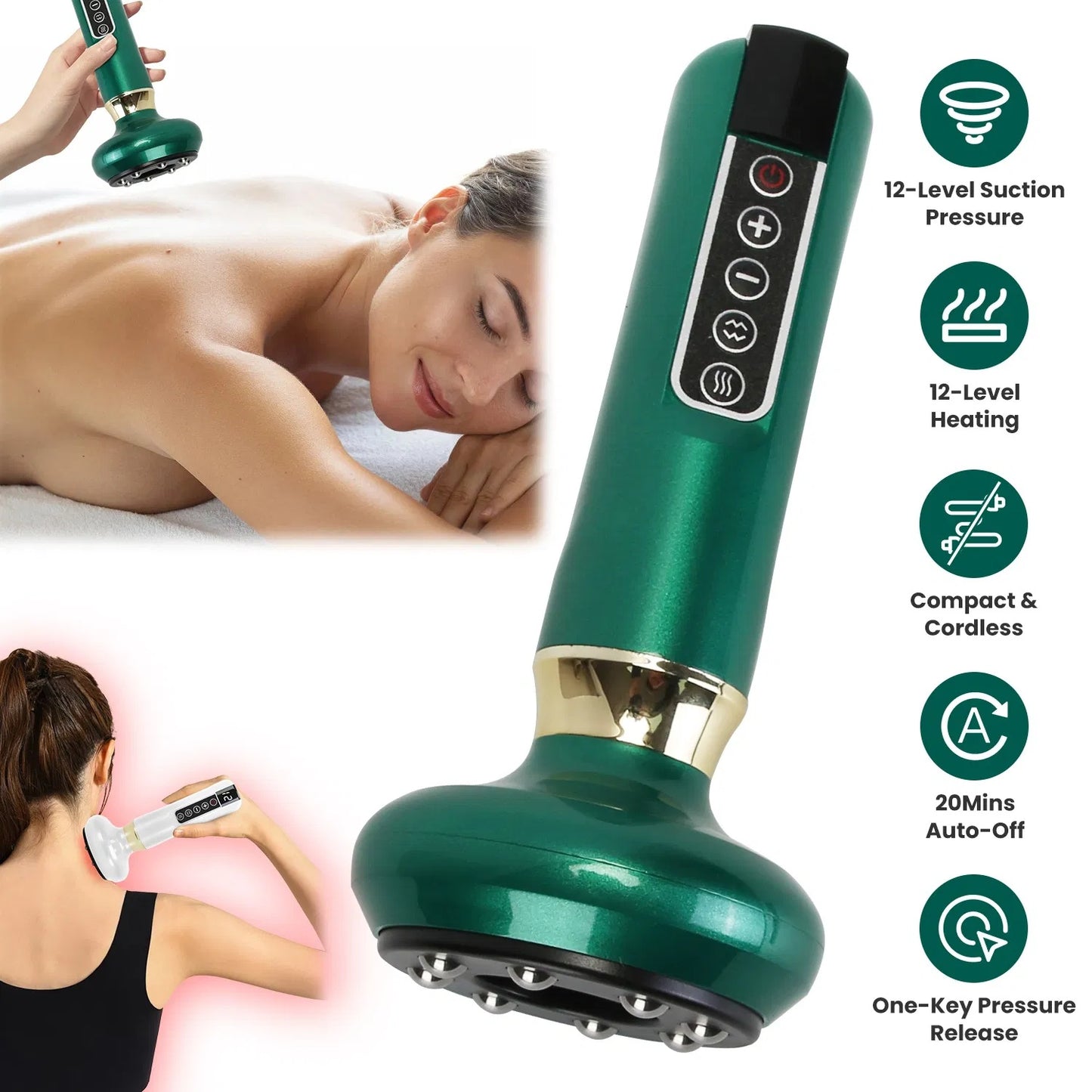 Anti Cellulite Massager Handheld Vacuum Suction Cupping Kit Beauty Tool With 12 Suction Mode 12 Heating 20Mins Auto-Off One-Key Pressure Release For Abdomen Thighs Buttocks Neck GPCT5424