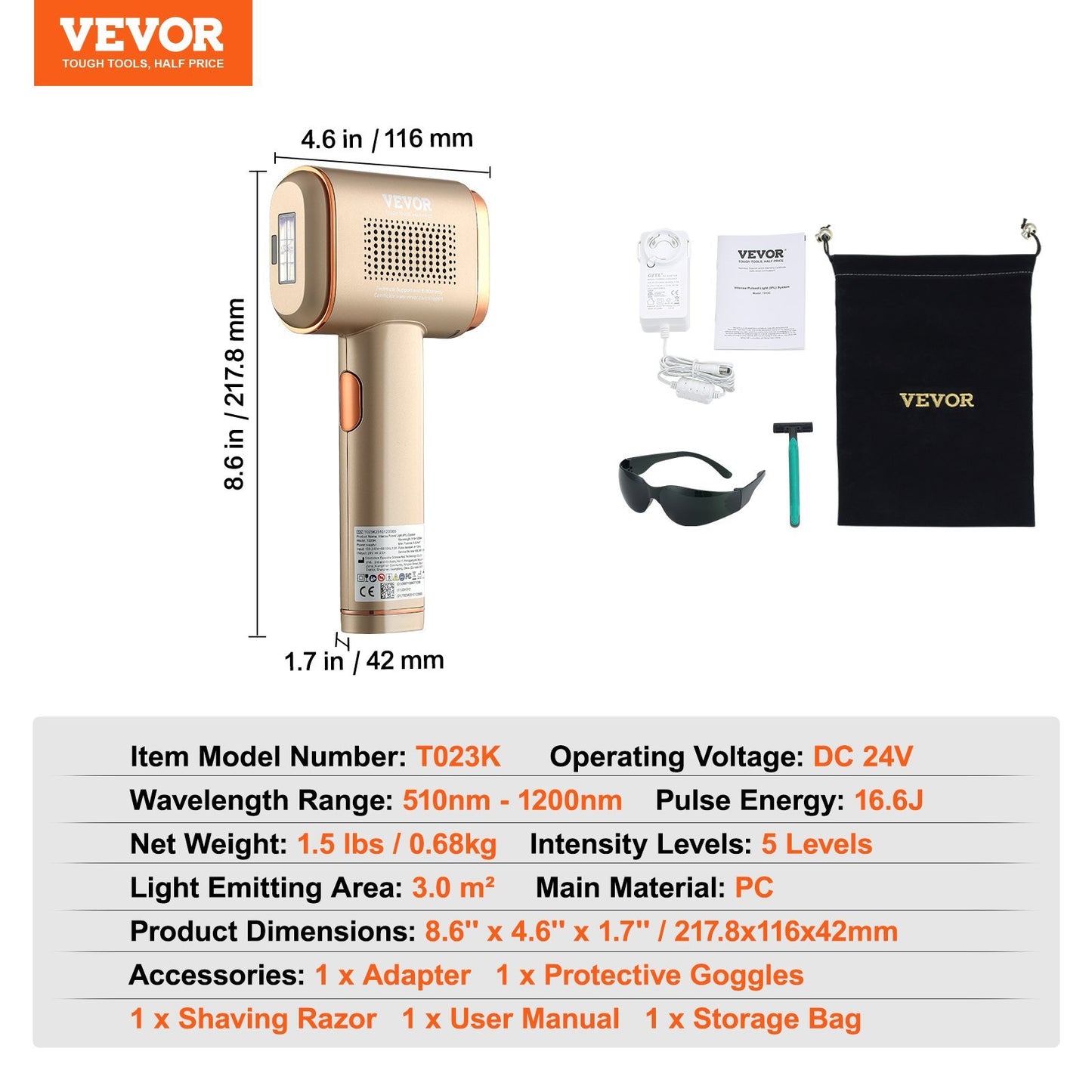 VEVOR IPL Hair Removal, Permanent Hair Removal With Sapphire Ice Cooling System, Painless At-Home Hair Removal Device For Women Men, Auto Manual Modes, 5 Levels For Body & Face