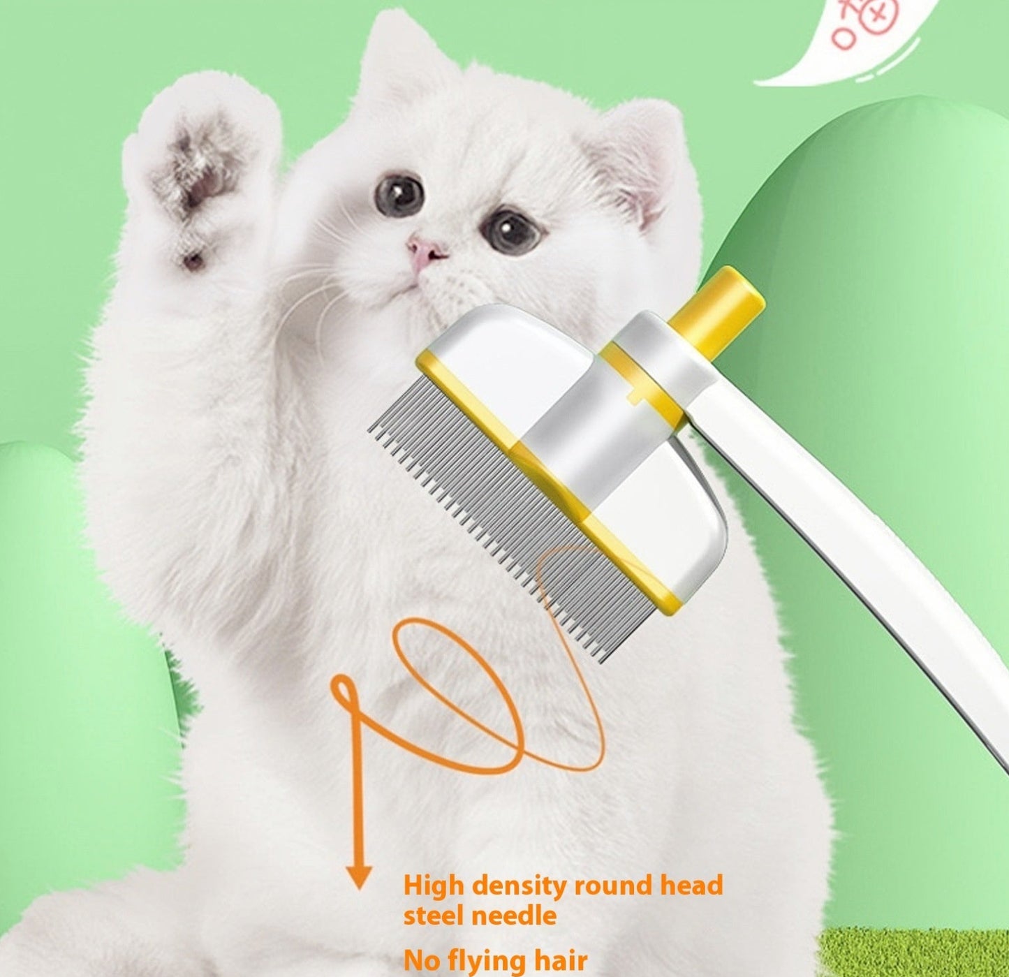 White cat with a grooming comb on a green background